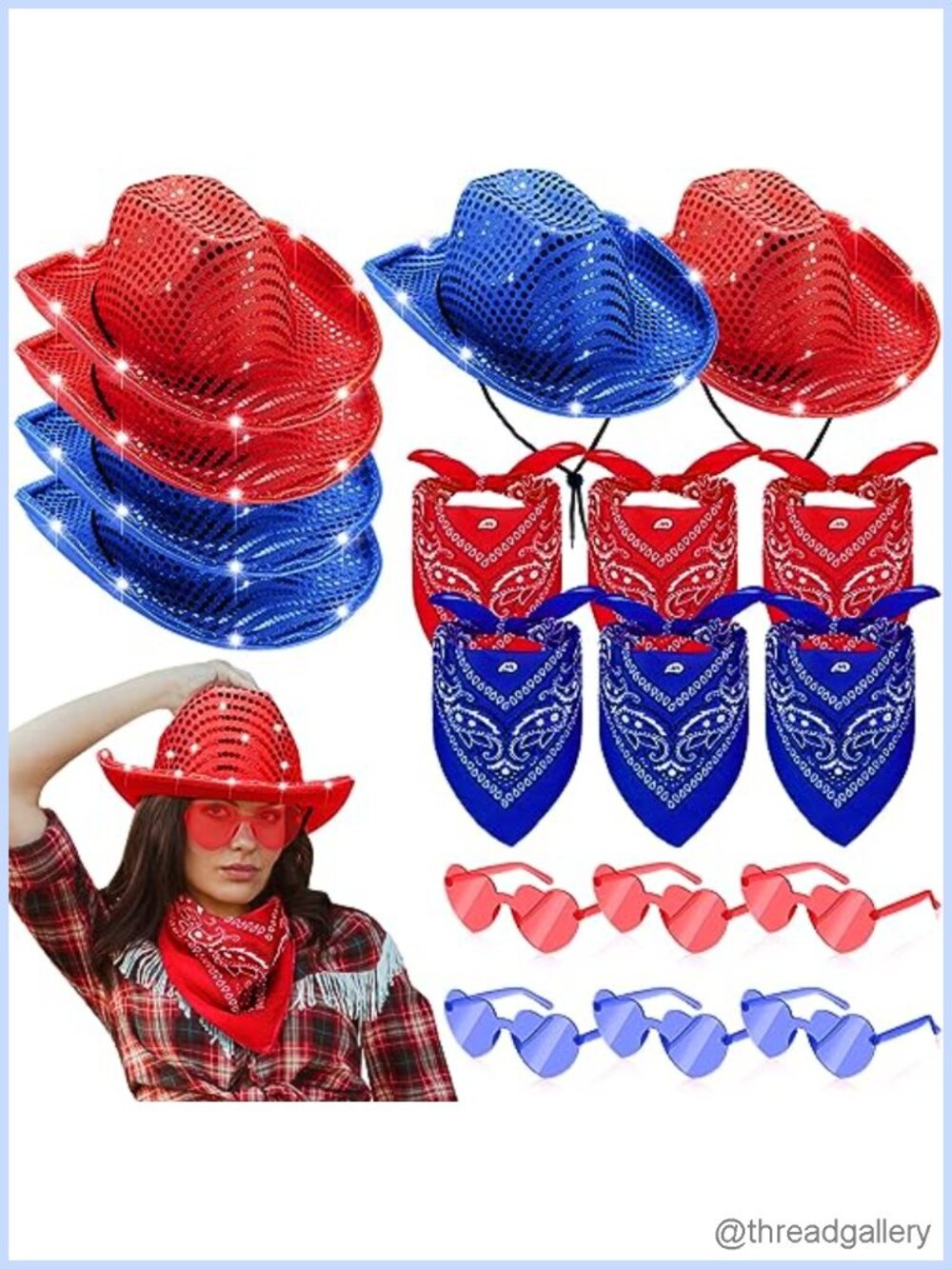 18 Pc LED Light Up Cowboy Hat Set Heart Glasses Bandana Western Costume